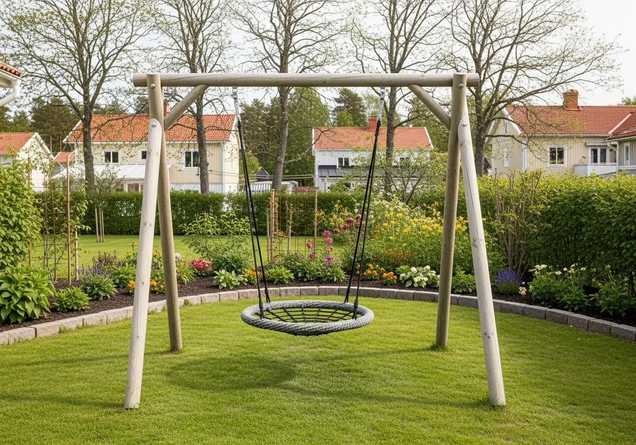 Förälder puttar nestgunga i trädgård