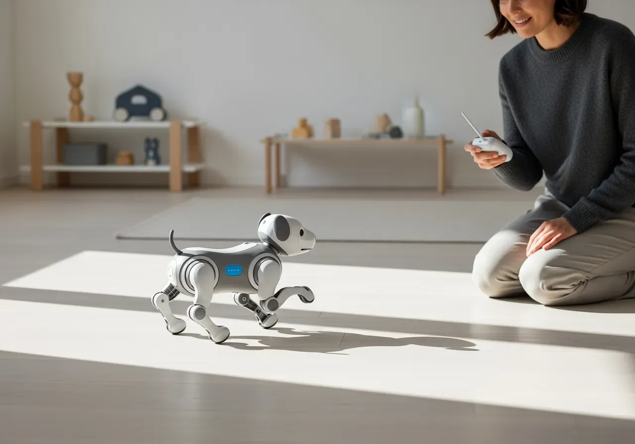 Barn styr en robothund leksak