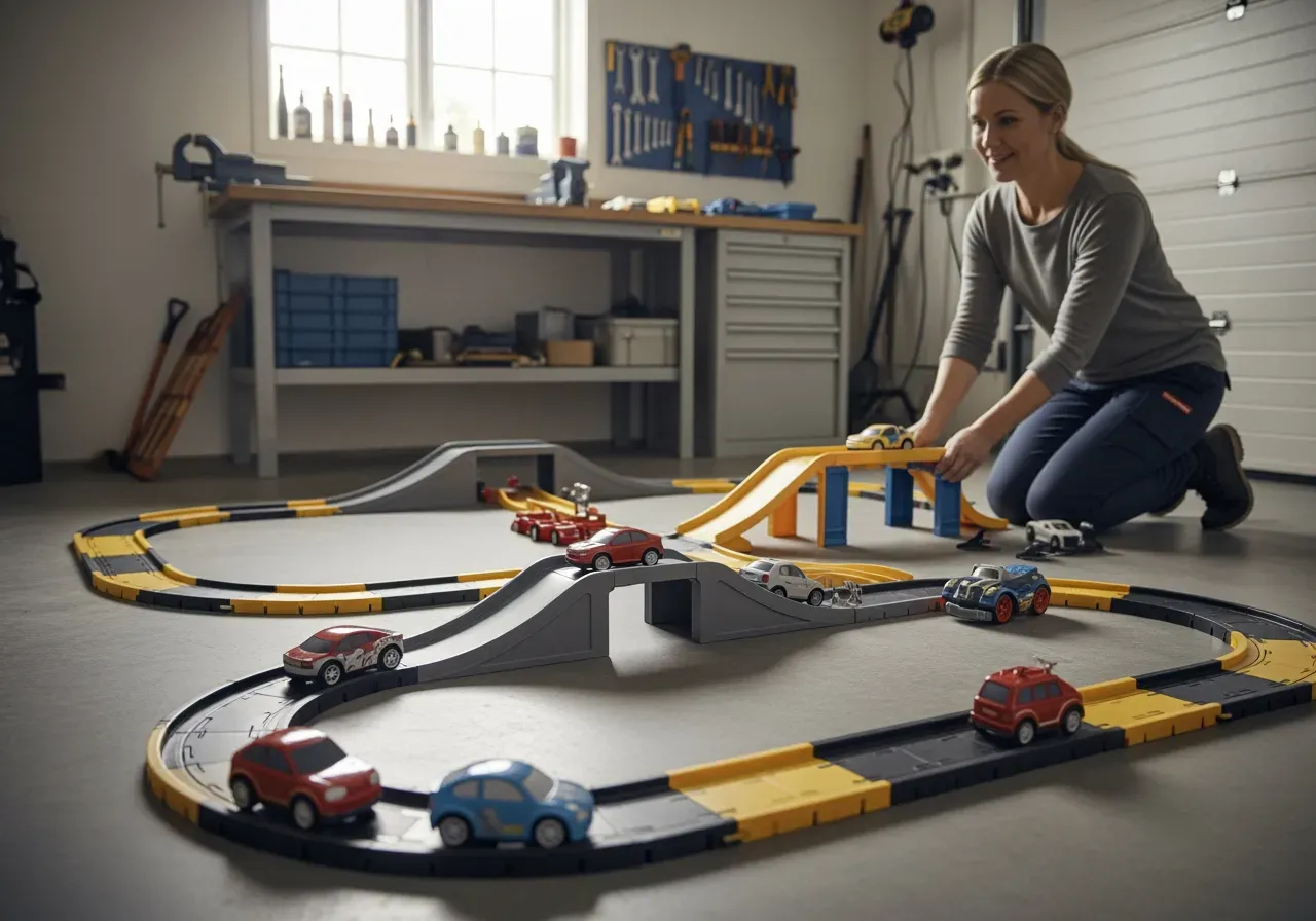 Barn leker med bilbana i garage