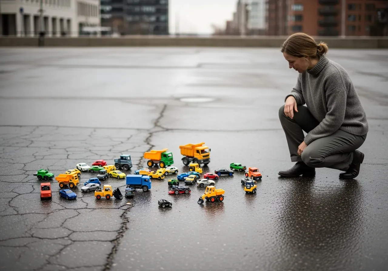 Barn leker med leksaksfordon i stadsmiljö