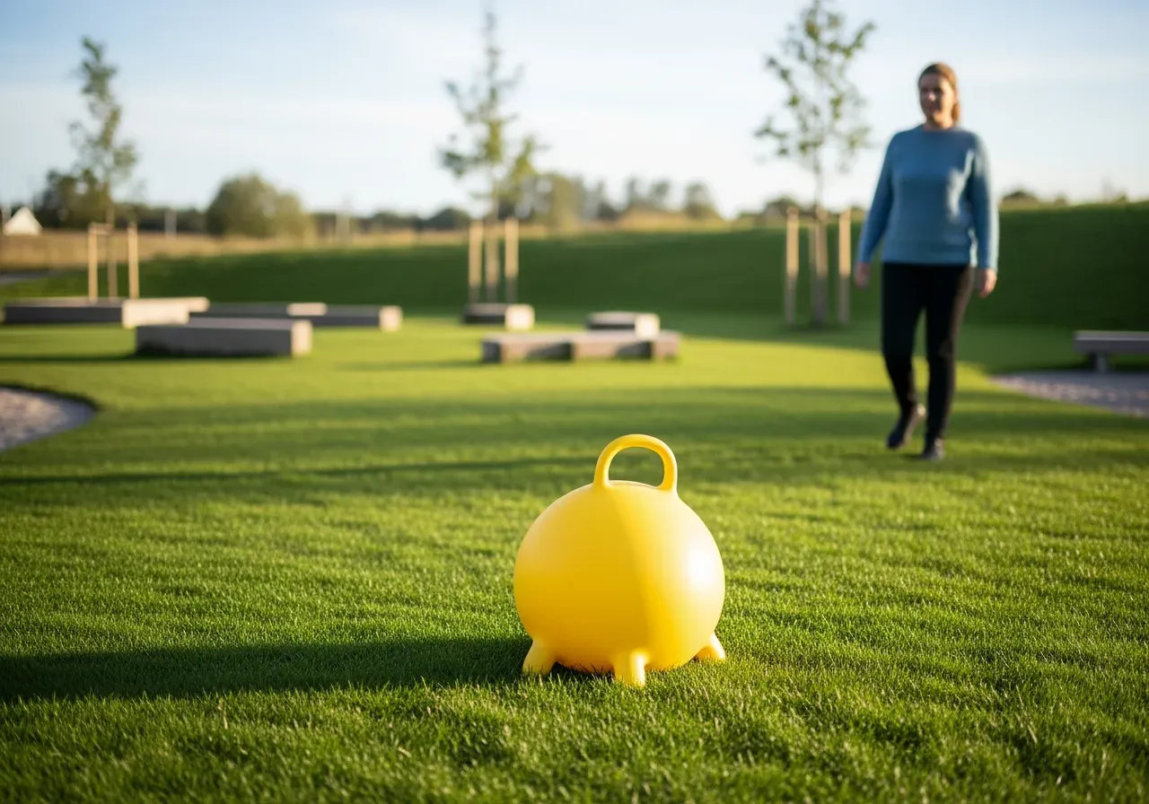 Barn hoppar på hoppboll utomhus