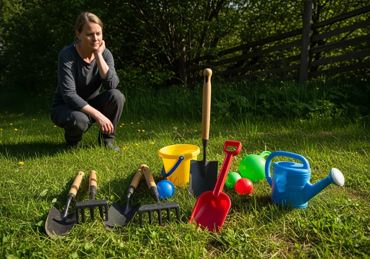 Barn leker med trädgårdsredskap ute
