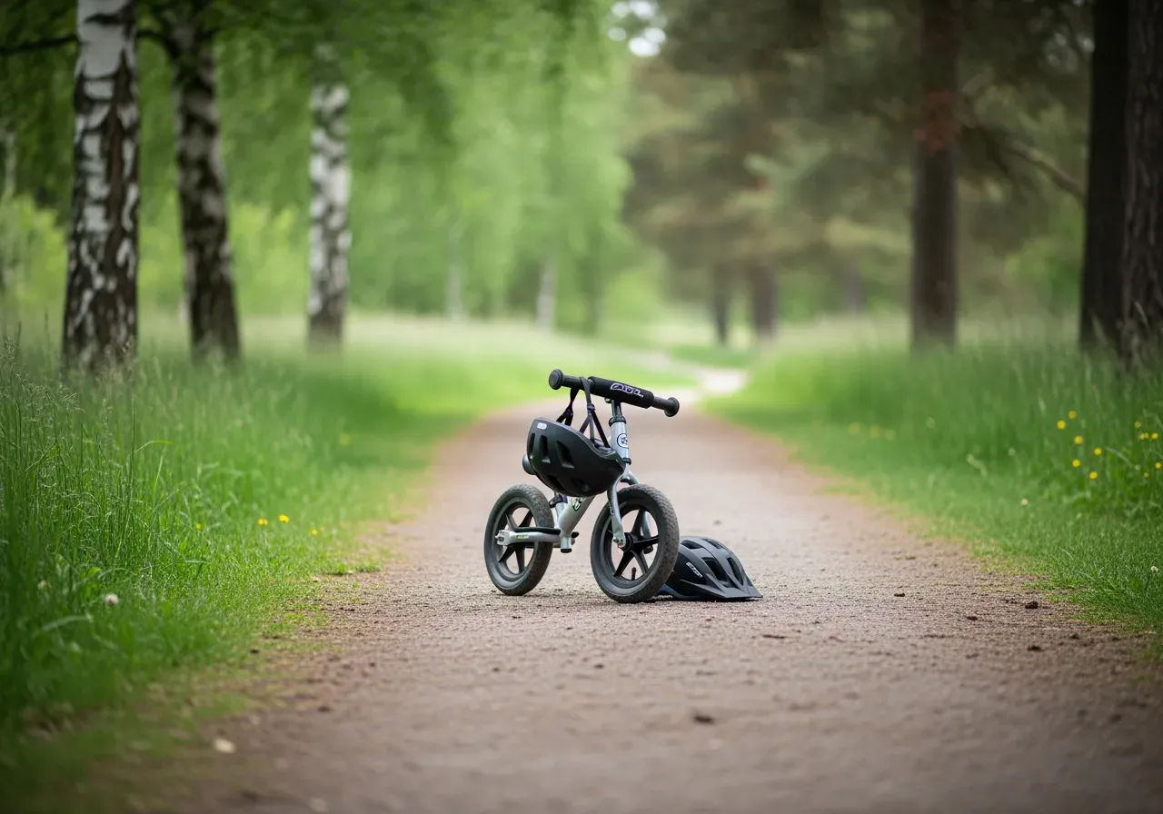 Förälder guidar barn på balanscykel