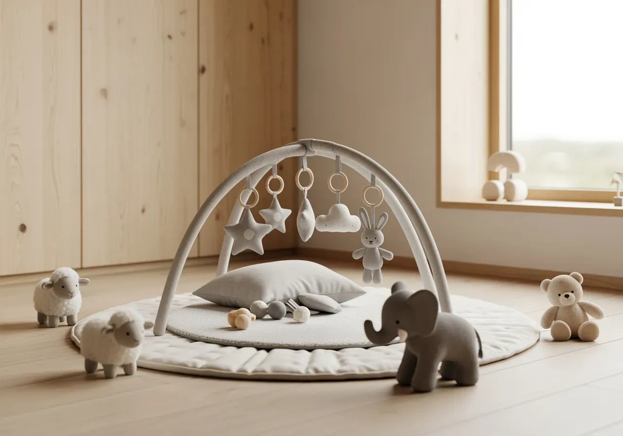 Bebis utforskar babygym med förälder