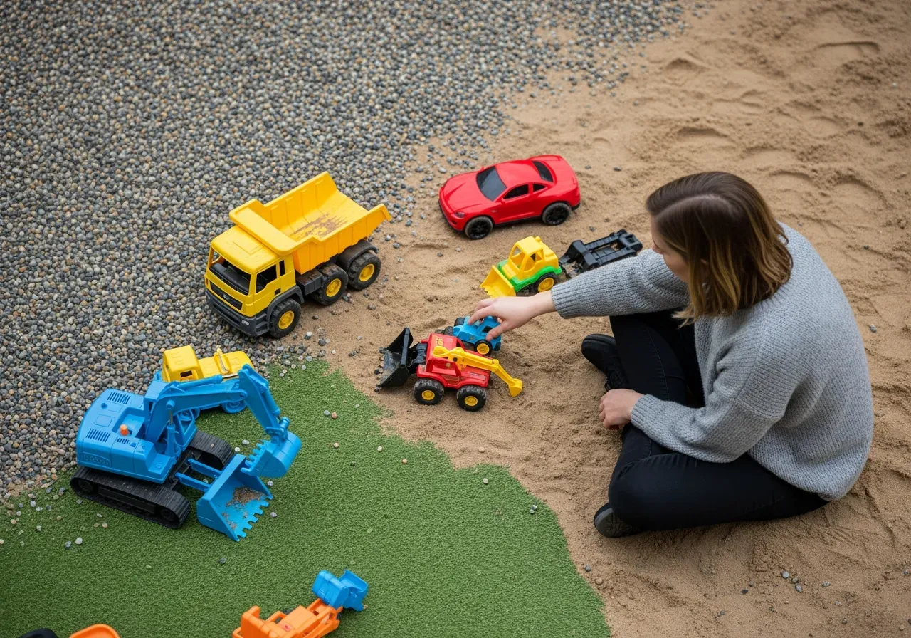 Barn leker med leksaksfordon utomhus