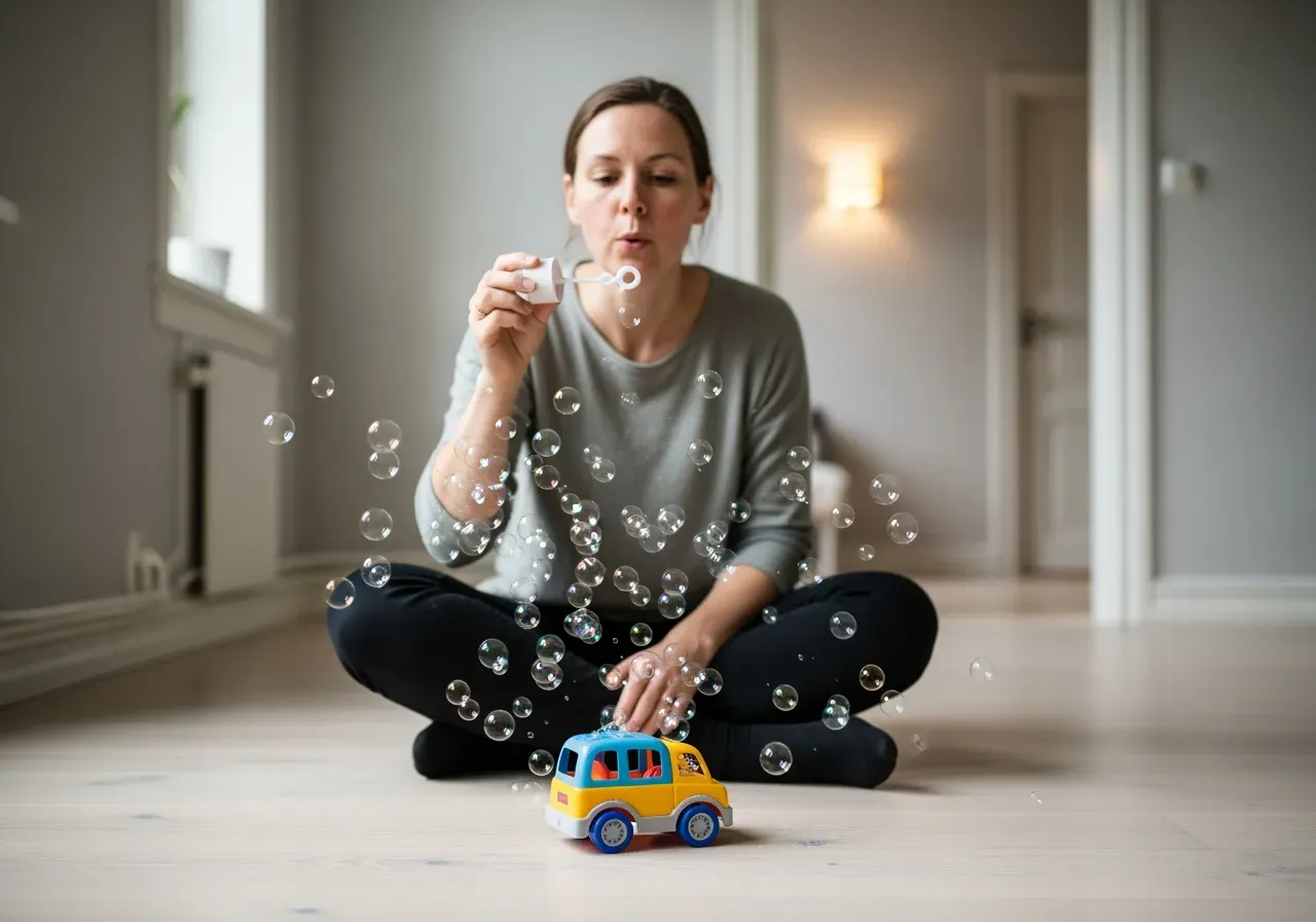 Barn blåser såpbubblor vid leksaksfordon