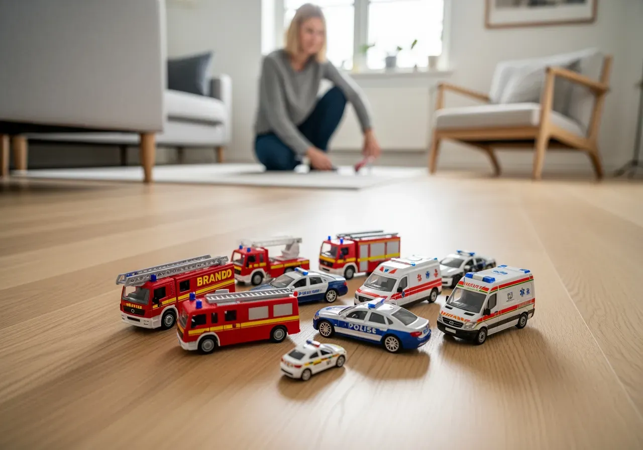 Barn leker med utryckningsfordon på golv