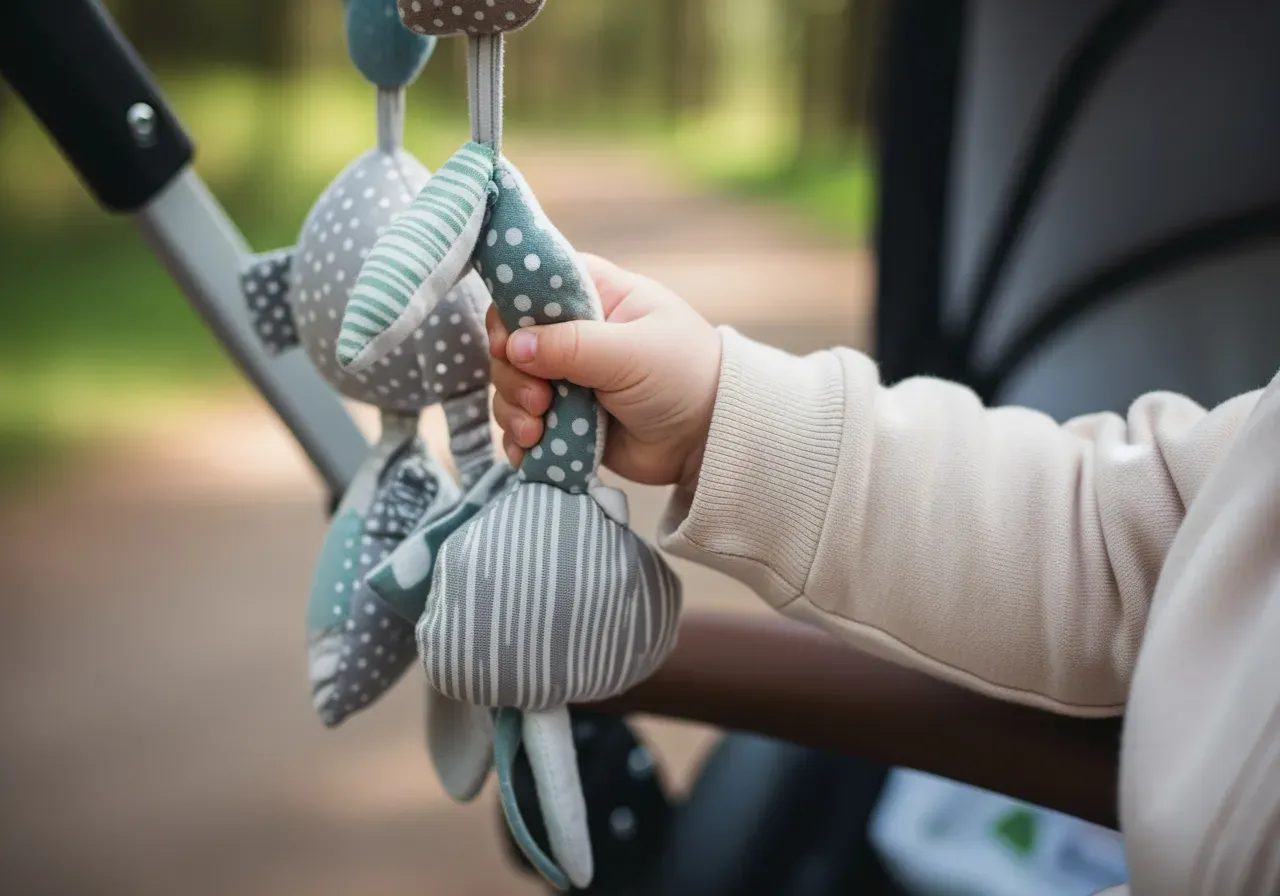 Bebis greppar barnvagnsleksak under promenad