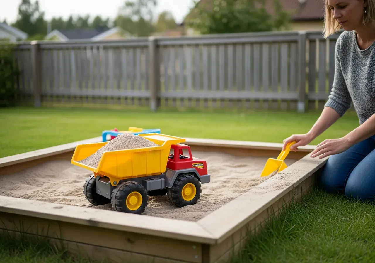 Barn leker med tipplastbil i sandlåda