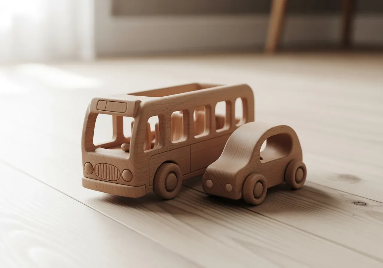 Barn kör leksaksbuss och familjebil