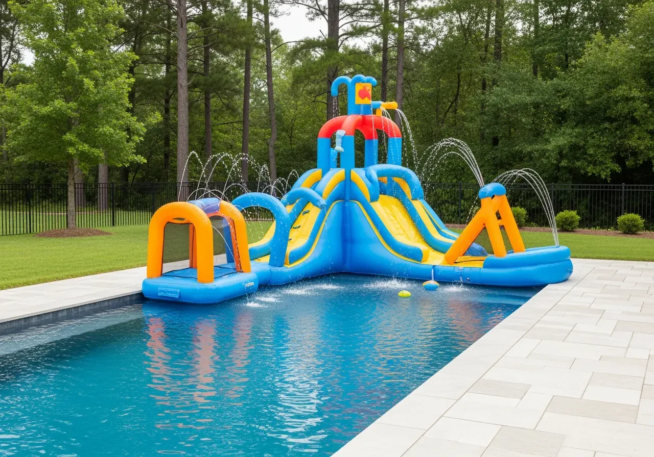 Barn leker vid uppblåsbart vattenlekcenter