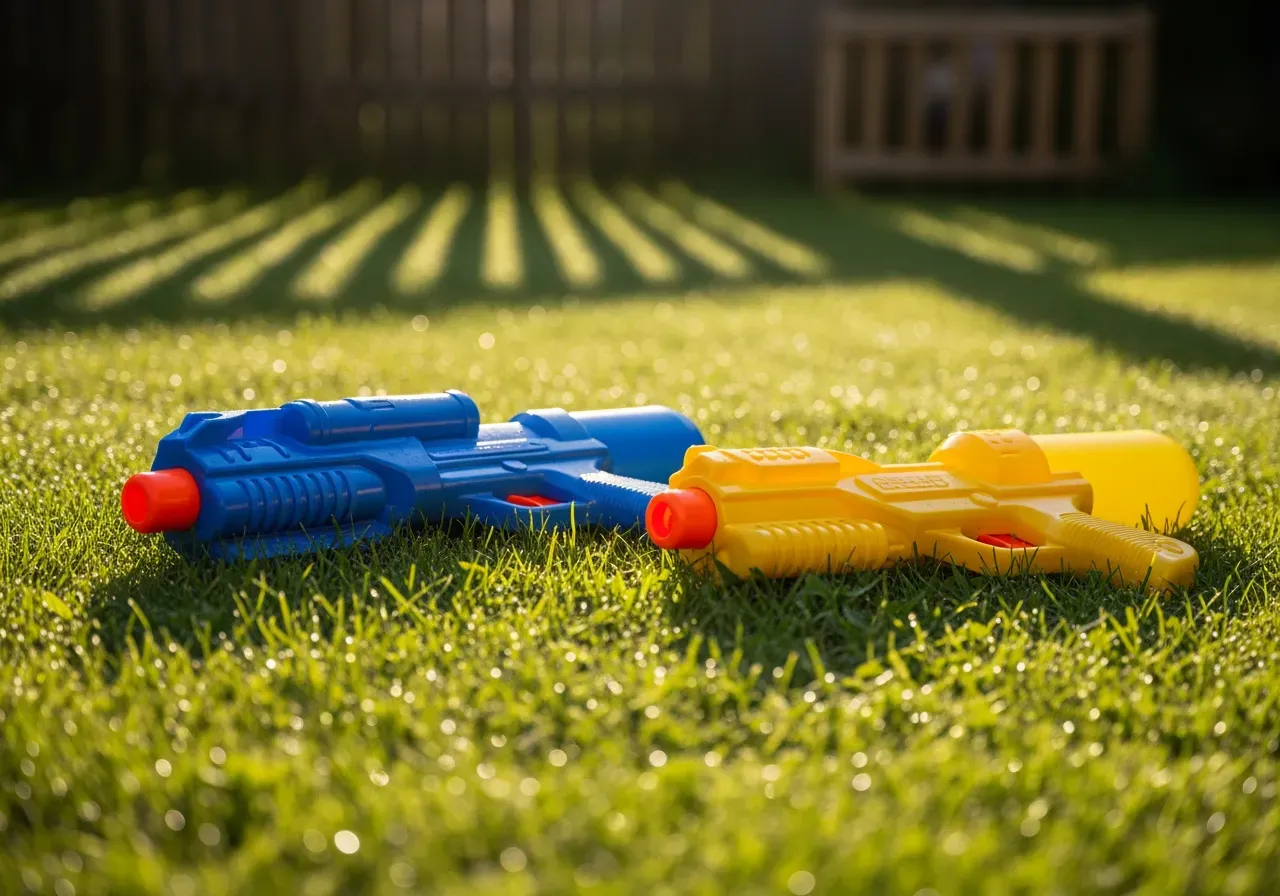 Barn leker med vattenpistol i trädgård