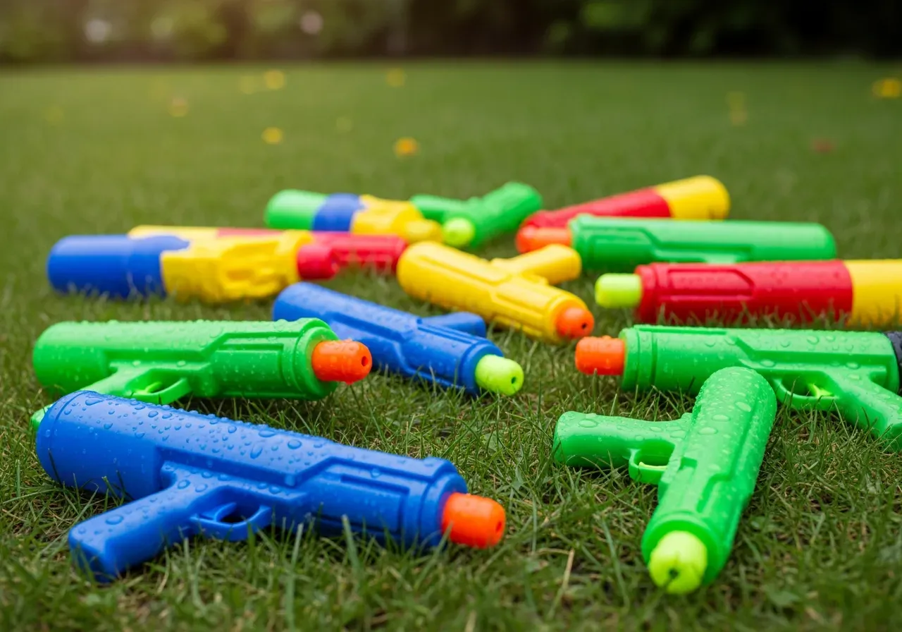 Barn sprutar med vattenpistol i trädgård