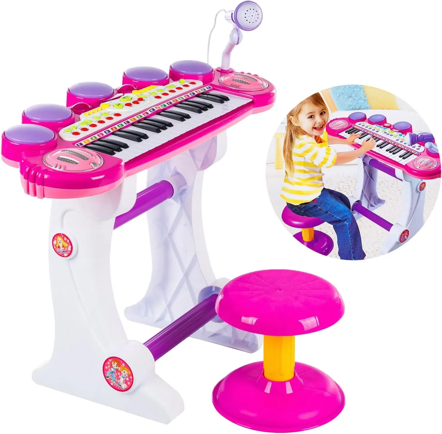 Kinderplay Keyboard Med Mikrofon Och Pall