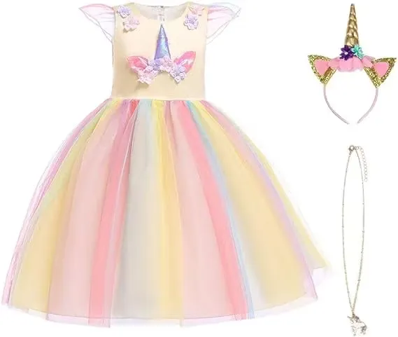 Barnklänning Med Tillbehör Enhörning Gul